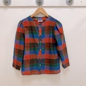 Vintage plaid print with button down and puffed sleeves